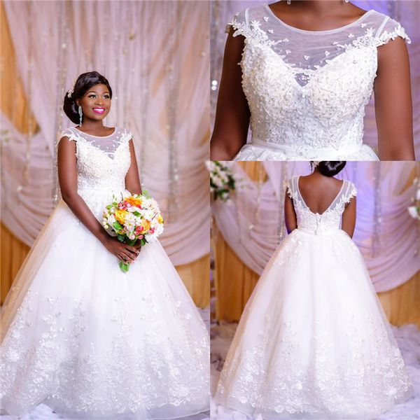 

ball gown lace plus size wedding dresses for black girl african sheer neck backless beaded applique bridal gowns, White