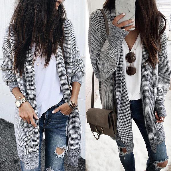 

women fashion check long cardigan coat jacket ladies casual autumn long sleeve coat outwear women black and white grid