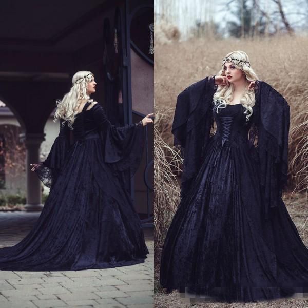 Vintage Gothic Brautkleider 2019 Hochwertige schwarze, volle Spitze, langärmelige mittelalterliche Brautkleider, Schnürung am Rücken und Schleppe