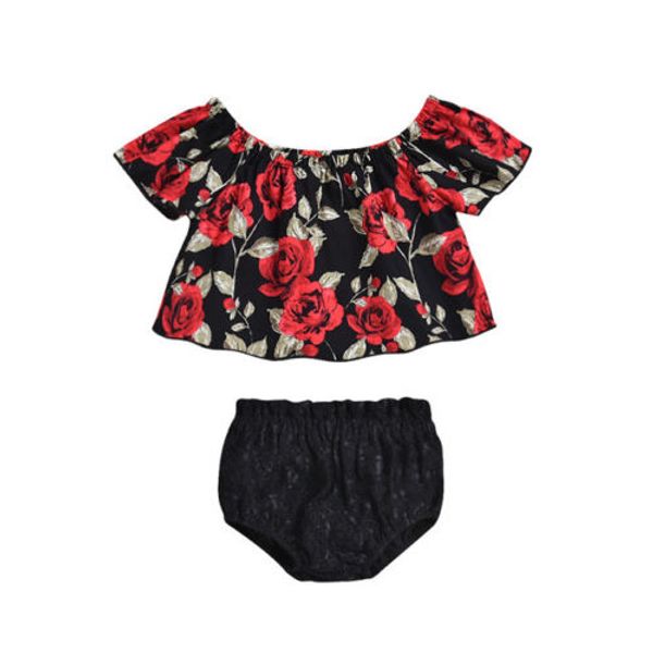 

2018 summer baby girl floral rose off shoulder blouse lace short pants outfits hot, White