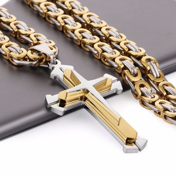 

Stainless Steel Pendant Necklace 3 Layers Knight Cross Gold Silver Tone Strong Byzantine Chain Mens Fashion Jewelry Fathers Gift