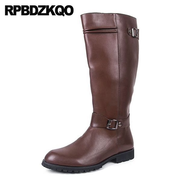 

motorcycle british style knee high zipper riding plus size mens leather tall boots waterproof winter mid calf shoes big brown, Black