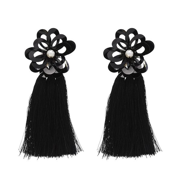 

idealway bohemian pearl sequins flower shape thread tassels drop earrings, Silver