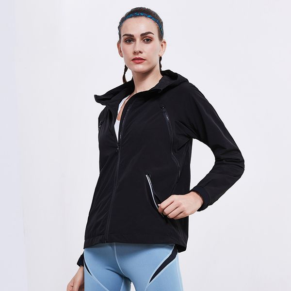 

women's outdoor quick dry sports autumn winter long sleeve loose fitness clothes zipper running hooded windproof jacket, Black;red