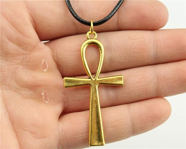 

wysiwyg 5 pieces leather chain necklaces pendants choker collar hand made necklace men ankh cross 52x28mm n6-d10010, Golden;silver