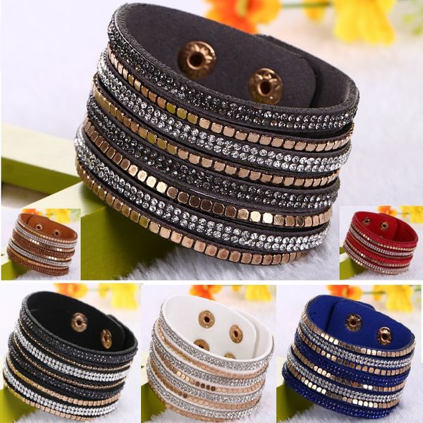

women new fashion pu leather wrap wristband cuff punk rhinestone bracelet crystal bangle charm bracelets 6 colors, Golden;silver