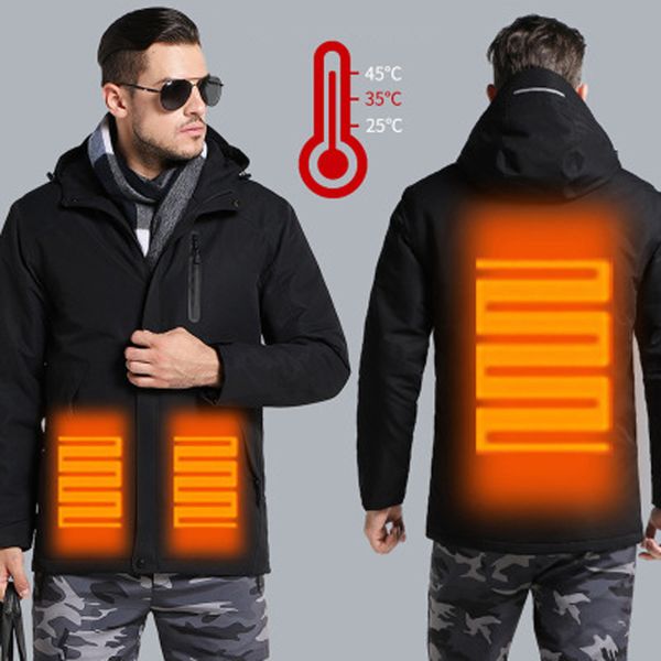 

man electronic intelligent heating usb hooded heated work jacket windproof waterproof mountaineering suit coats safety clothing, Black
