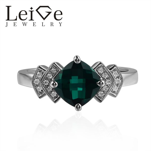 

leige jewelry lab emerald rings cushion cut green gemstone engagement rings for woman 925 sterling silver may birthstone, Golden;silver