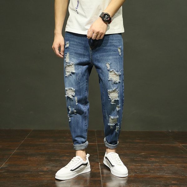 

trend men's fashion high street hole trousers denim trousers loose feet denim pants, Blue