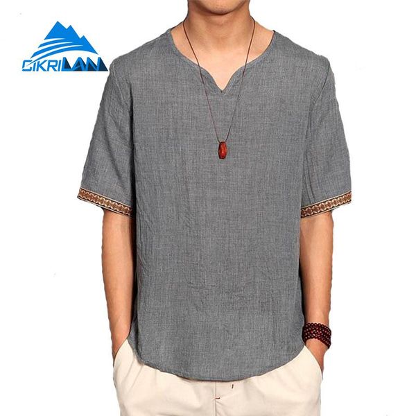 

new mens summer linen v-neck short sleeve t shirt outdoor sport climbing camping hiking t-shirt men loose fit fishing t-shirts, Gray;blue