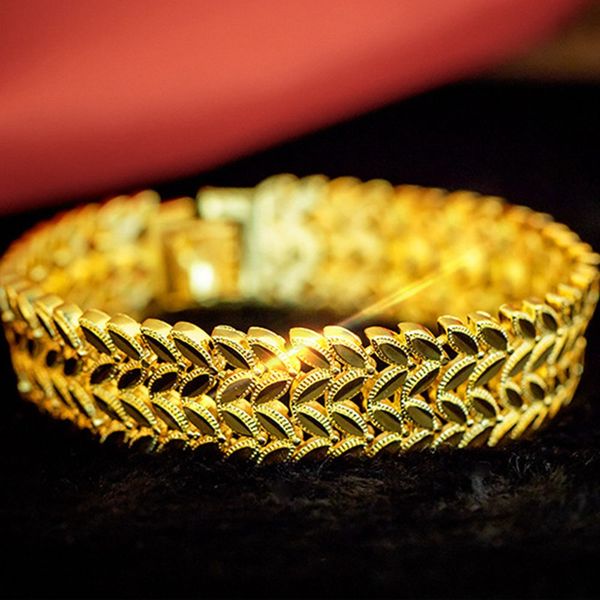 

17mm wide wrist bracelet chain leaf design 18k yellow gold filled classic womens mens bracelet 7.87 inches long, Black