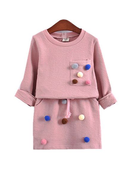 

Girls Winter Clothing Set Long Sleeve Shirt with Ball with Pencil Skirt Pink Blue Color Fashion Clothes Set Kids Childr