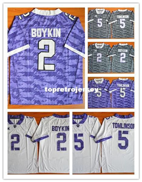 

tcu horned frogs college 2 trevone boykin 5 ladainian tomlinson stitched purple white grey color football jerseys, Black;red