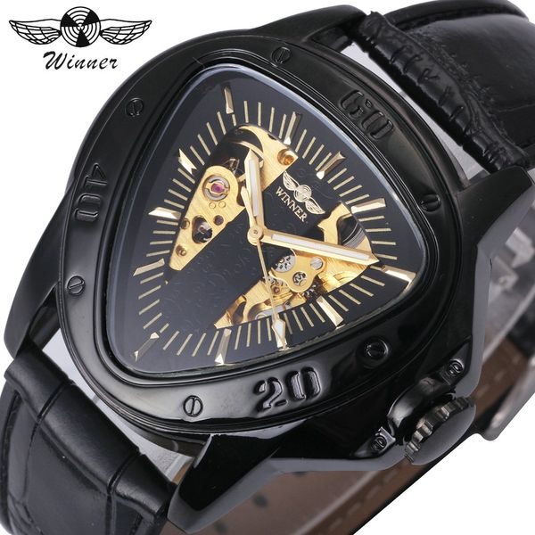 GEWINNER Automatische mechanische Herrenuhr Racing Sport Design Dreieck Skelett Armbanduhr Top-Marke Luxus Golden Schwarz