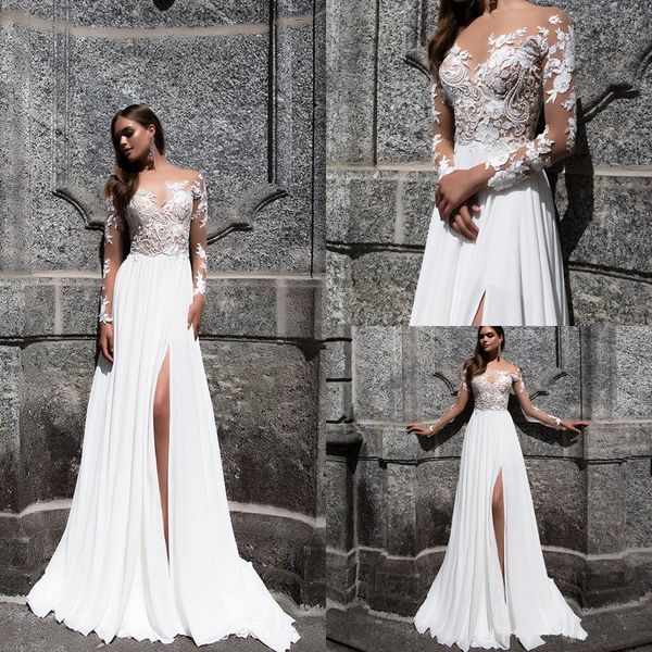 

сексуальные высокие сплит кружева свадебные платья 2019 новый vestido де novia развертки поезд a-line аппликация sheer с длинным рукавом bae, White