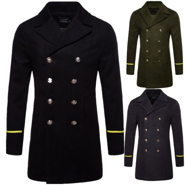 

autumn winter men slim woolen coat fashion england style men turn-down collar long style windbreaker coats for nice new, Black