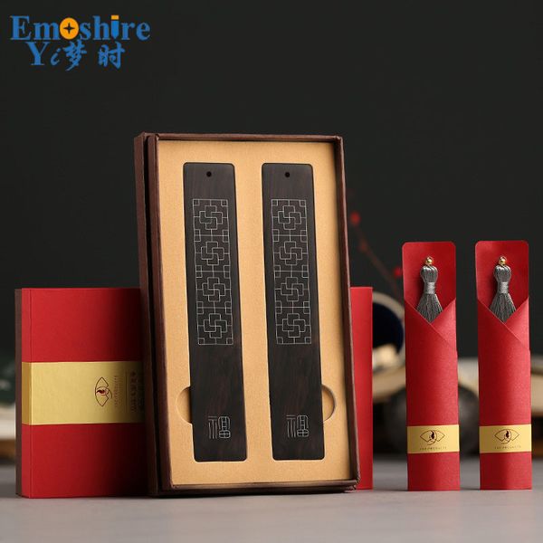 

red wood bookmarks gift box inlaid silver classical chinese style grid style creative ancient tassel gift customization m038