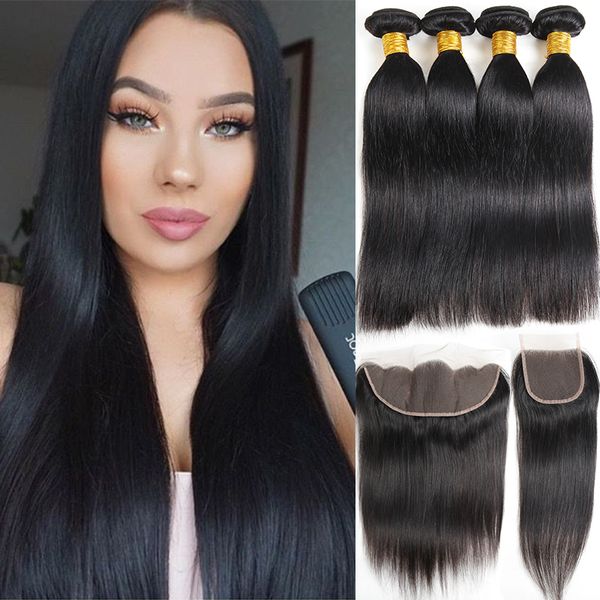 

10a натуральный черный бразильский девственные волосы прямые 4 пучки с закрытием кружева бразильский человеческих волос пучки с фронтальной, Black