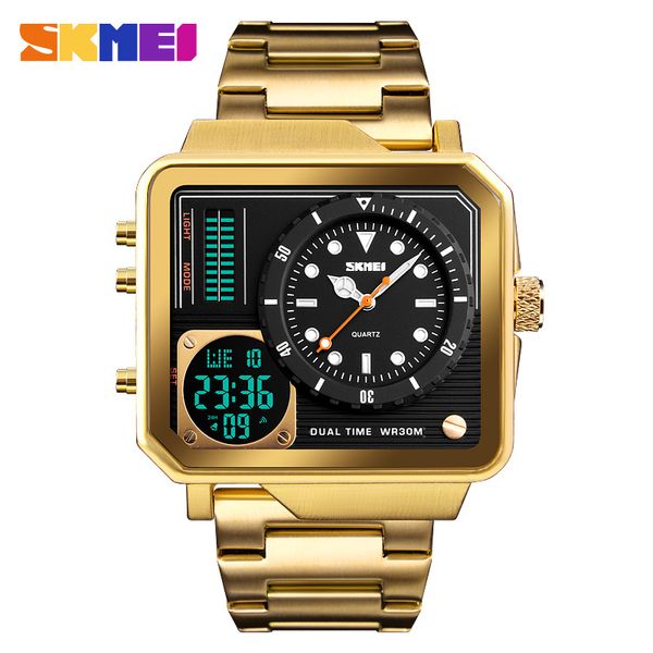 

skmei brand dual display digital wristwatches mens gold luxury stainless steel strap watches waterproof electronic watch relogio, Slivery;brown