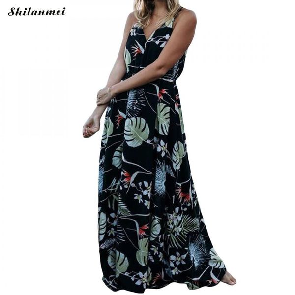 

new leaf printed bohemian boho beach dresses women 2018 v neck spaghetti strap long maxi dress loose female causal vestidos, Black;gray