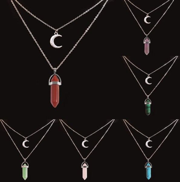 

moon hexagon shape double necklace stone healing point vintage bullet pendant women for chakra chain natural chakra silver necklace jew rkmc