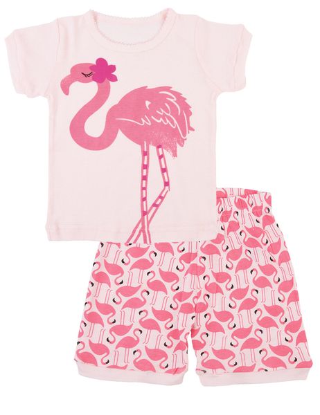 

new arrivals kids clothes 100%cotton short sleeve cartoon animals flamingo print girl s set causal summer girl set t shirt+ pant, White