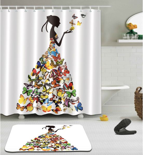 

butterfly girl 3d pattern print custom waterproof bathroom modern sunflower shower curtain polyester fabric bathroom curtain door mat sets