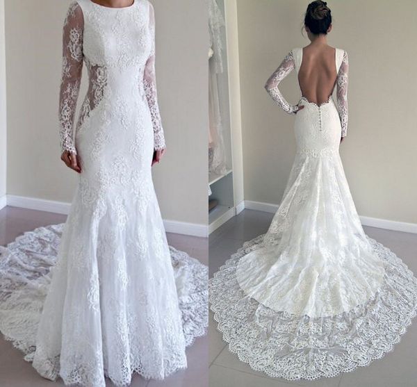 

backless mermaid wedding dress illusion long sleeves court train lace bodice jewel neck wedding bridal dresses gowns new, White