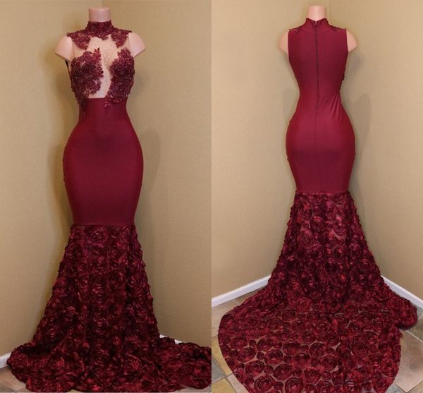 

burgundy mermaid prom dresses high neck illusion bodice appliques beaded 3d flowers royal blue evening party dresses sweep train, Black