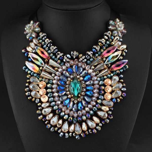 

ukmoc multi color bib necklace with crystal shrouded cotton string tied unique style jewelry glamour bib choker #2970, Golden;silver