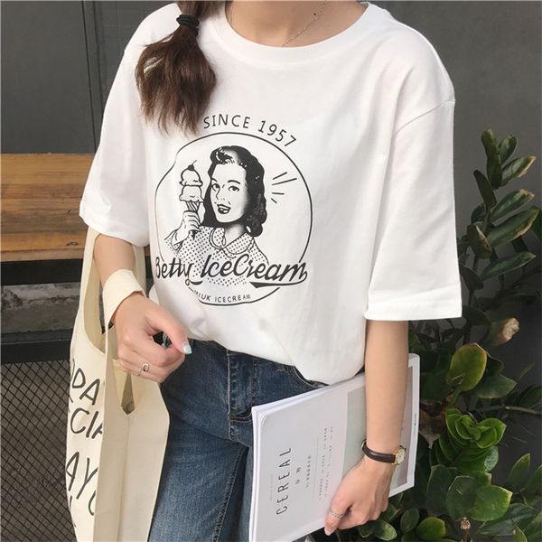 

women cotton summer new fashion vintage character printed casual white loose short sleeve female o-neck t-shirts