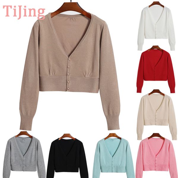 

tj knitted cardigan women autumn 2018 v neck lantern sleeve sweater casual jumper winter woman basic sweaters female p136, White;black
