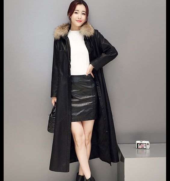 

european style raccoon real fur collar female long design slim outerwear sheepskin leather jacket plus big bust size trench coat clothing, Black