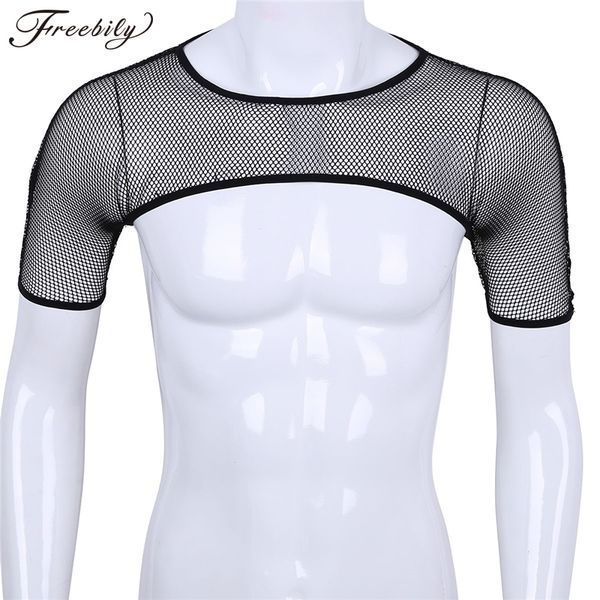 

new mens casual tank see through mesh fishnet short sleeve shoulder chest strap harness muscle clubwear costume top, White;black
