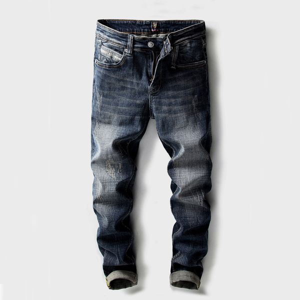 

fashion men's jeans vintage designer slim fit dark color classical jeans men denim pants brand biker homme, Blue