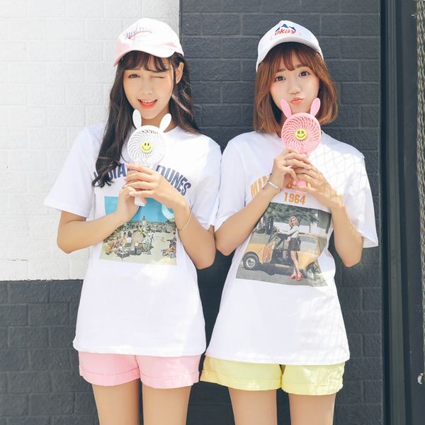 

women's t-shirts japan harajuku ladies vintage school style lofty retro pattern printing round neck t shirt female korean kawaii, White