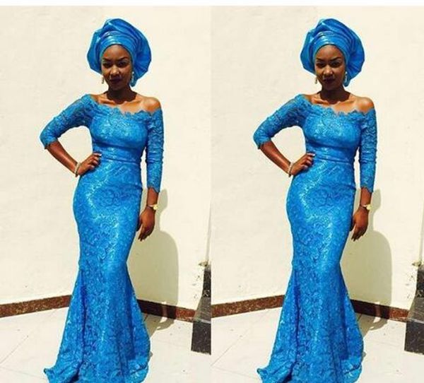 2018 vestidos de renda azul à noite desgaste para meninas negras fora do ombro com mangas 3/4 sereia baratos Prom Formal Vestidos estilos de rendas nigeriano