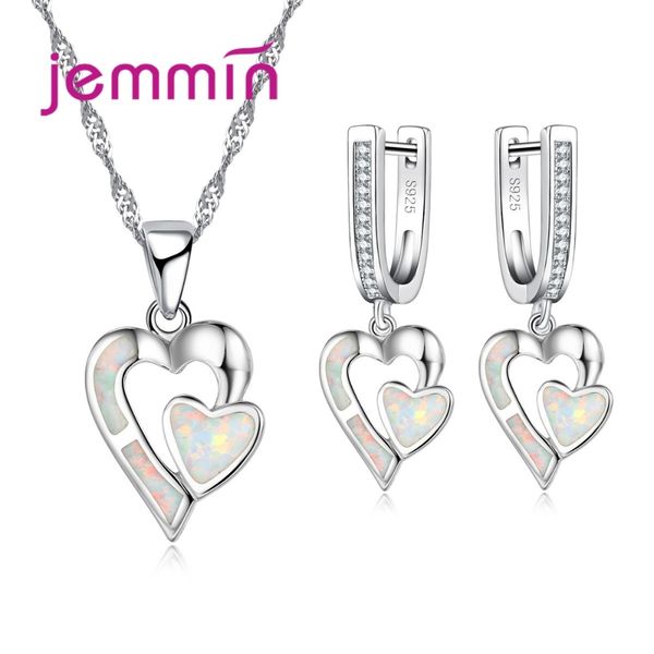 

jemmin romantic double heart bridal wedding jewelry sets women fine 925 sterling silver white opal necklace and earring set, Black