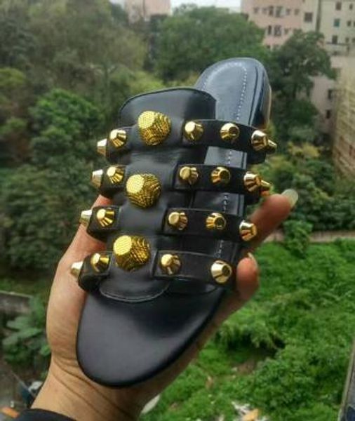 

Newest Summer Women Custom Black Gladiator Sandals Woman T-Strap Gold Rivet flat Heels Fashion Sandals Woman Free Ship