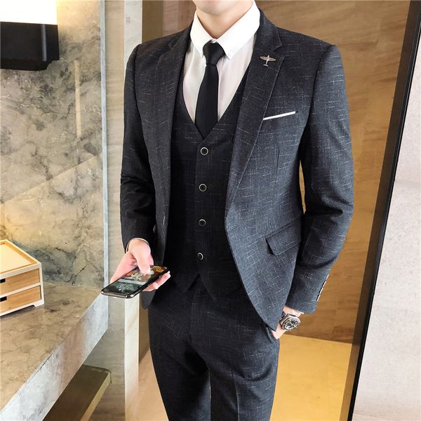 

korean design 2018 new casual business black plaid mens suits 3 pieces dress blazer suit set elegant tuxedo wedding suit for men, White;black