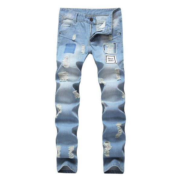 

moruancle new fashion mens ripped jeans with patches straight distressed denim trousers washed destroyed jean pants for man, Blue