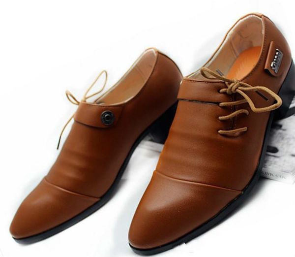 

men's fashion dress shoes men party wedding business pu leather flats side lace-up casual pointed shoes, Black