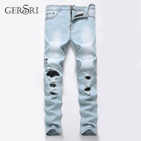 

gersri men's skinny jeans hole on knee cotton ankle tight fit ripped repaired brand jeans for male plus size 28-42, Blue