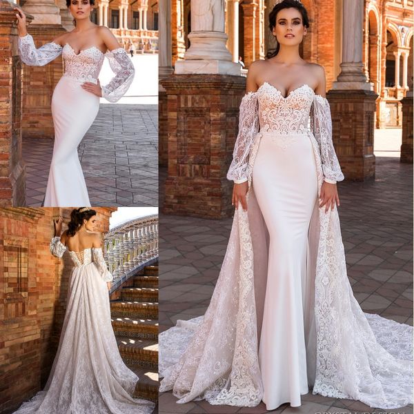 2018 nuova progettazione fuori dalla spalla maniche lunghe sirena abiti da sposa con pizzo staccabile treno lace-up back court treno abiti da sposa