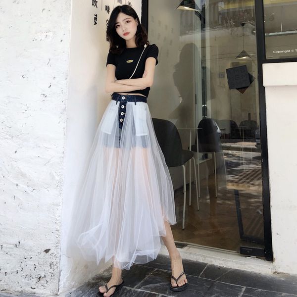 

qoerlin fashion long mesh shorts girls high waist jeans boom denim harajuku buons eleboho beach summer shorts plus size, White;black