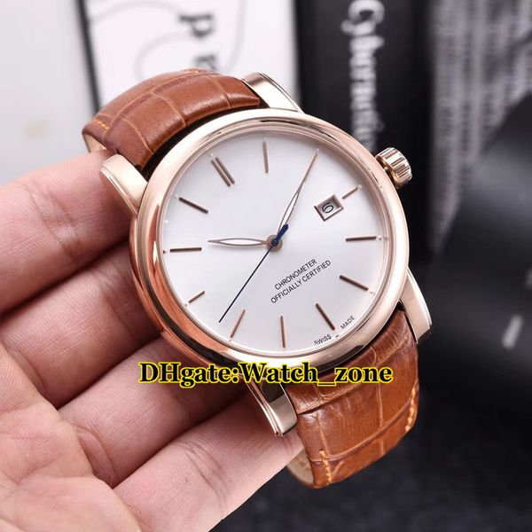 

new classico date 40mm 8156-111/90 white dial automatic mens watch rose gold case leather strap gents wristwatches, Slivery;brown