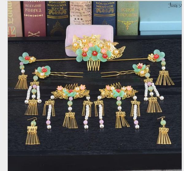 

new style chinese costume, bridal headwear set, retro chinese style wedding gown, step shake, cork dress crown, Slivery;golden