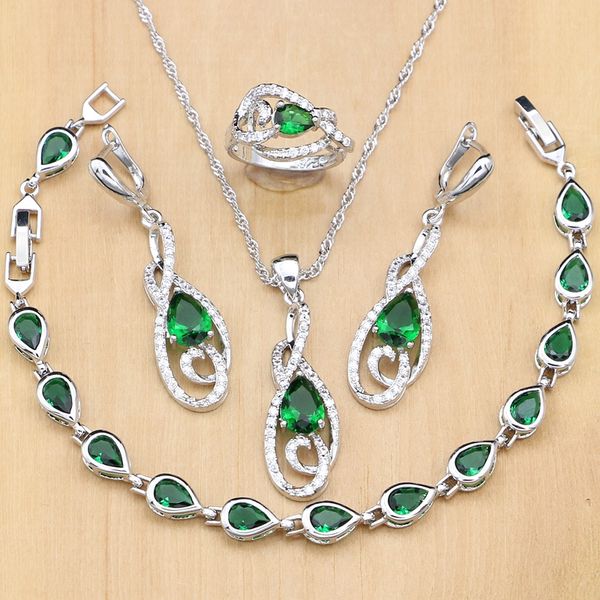 

water drop green zircon white stone beads silver 925 coustome jewelry sets for women earrings/pendant/ring/bracelet/necklace set, Slivery;golden