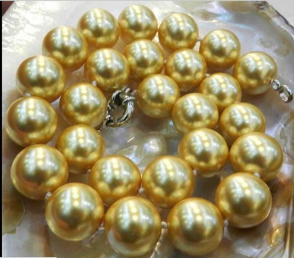 

woman classic jewelry 20mm bright gold color round bead natural south sea shell pearl necklace jewelry 18'' 45cm, Golden;silver