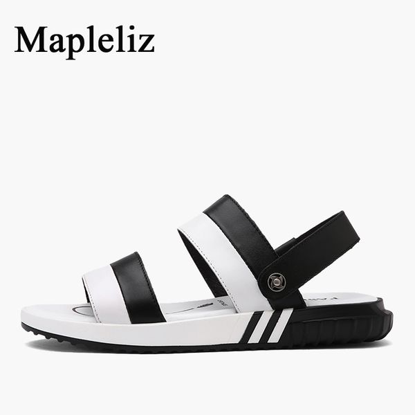 

mapleliz brand striped slip-on summer men sandals shoes sewing genuine leather leisure flat beach shoes for men, Black